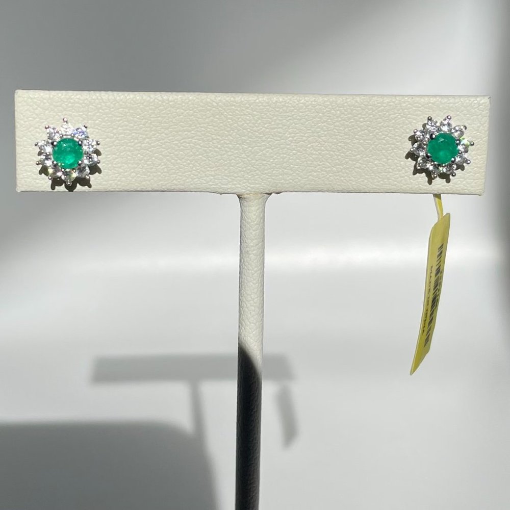 Kagem Zambian Emerald and Natural White Zircon Stud Secure Post Earrings